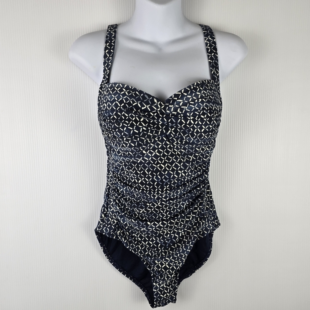 Niptuck Nautical Blue And White One Piece Adjustable Strap Ruching Waist Size 6